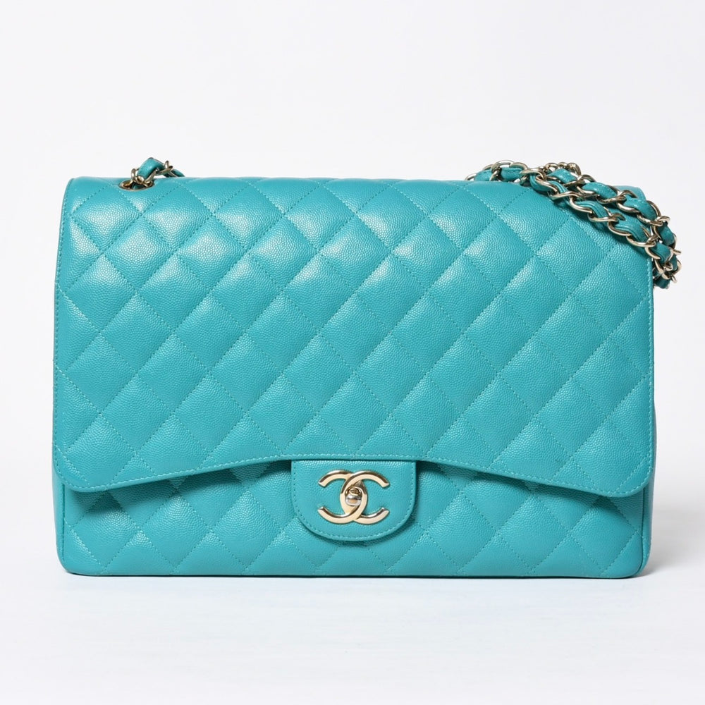 極美品 CHANEL シャネル デカマトラッセ33 Wフラップ Wチェーンショルダーバッグ 23番台 ココマーク キャビアスキン ターコイズ 中古 4a010133
