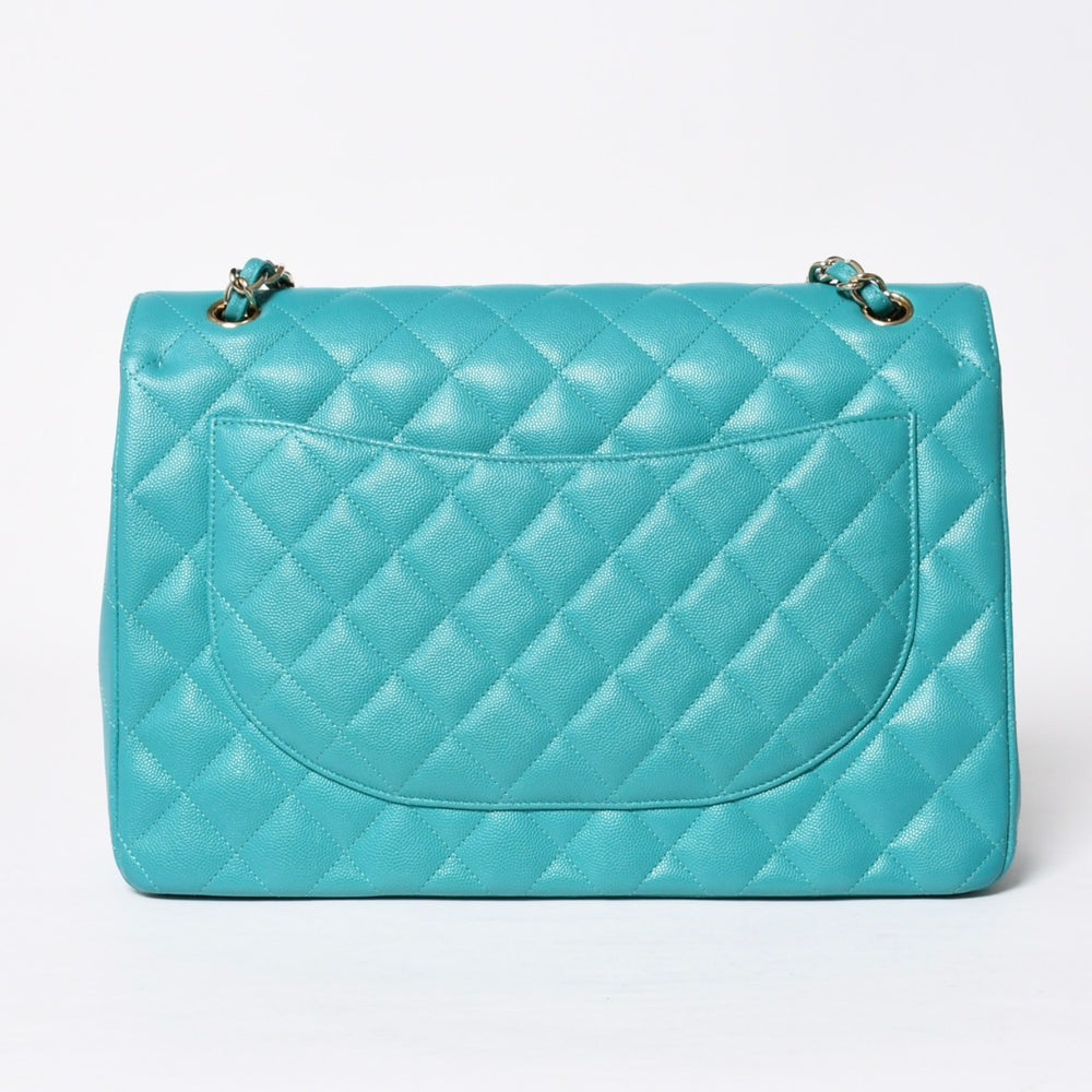 極美品 CHANEL シャネル デカマトラッセ33 Wフラップ Wチェーンショルダーバッグ 23番台 ココマーク キャビアスキン ターコイズ 中古 4a010133