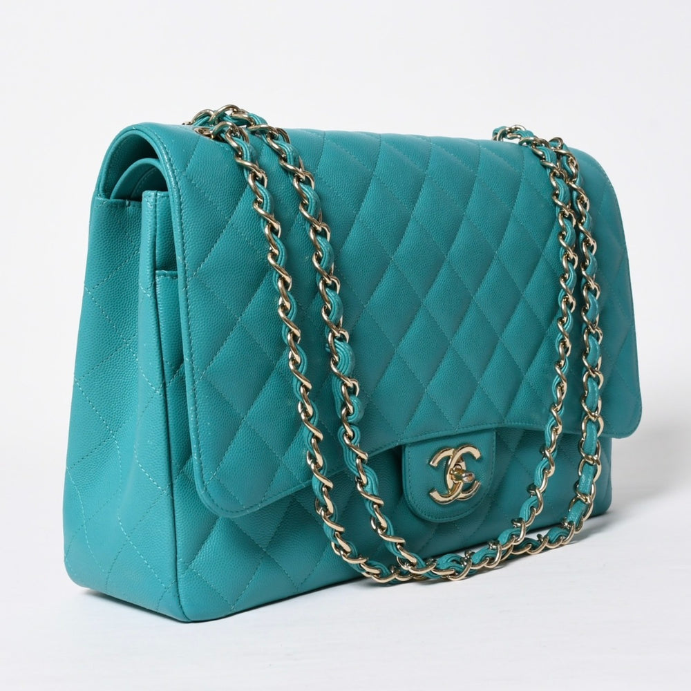 Very Good Condition CHANEL CHANEL Deca Matelasse 33 W Flap W Chain Shoulder Bag 23rd Series Coco Mark Caviar Skin Turquoise Used 4a010133