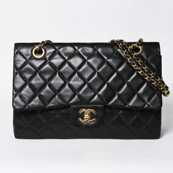 極美品 CHANEL シャネル デカマトラッセ 50 Wフラップ Wチェーンショルダーバッグ 1番台 ココマーク カーフスキン ブラック 中古 4a009338