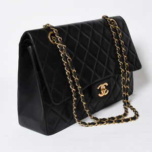 極美品 CHANEL シャネル デカマトラッセ 50 Wフラップ Wチェーンショルダーバッグ 1番台 ココマーク カーフスキン ブラック 中古 4a009338