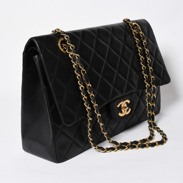 極美品 CHANEL シャネル デカマトラッセ 50 Wフラップ Wチェーンショルダーバッグ 1番台 ココマーク カーフスキン ブラック 中古 4a009338