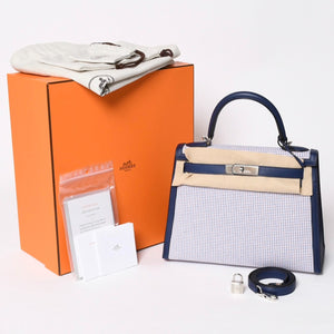 新品同様 HERMES エルメス ケリー28 トワルキャドリーユ スイフト ブルーサフィール エクリュ モーヴ 外縫い U刻印 中古 4a010179