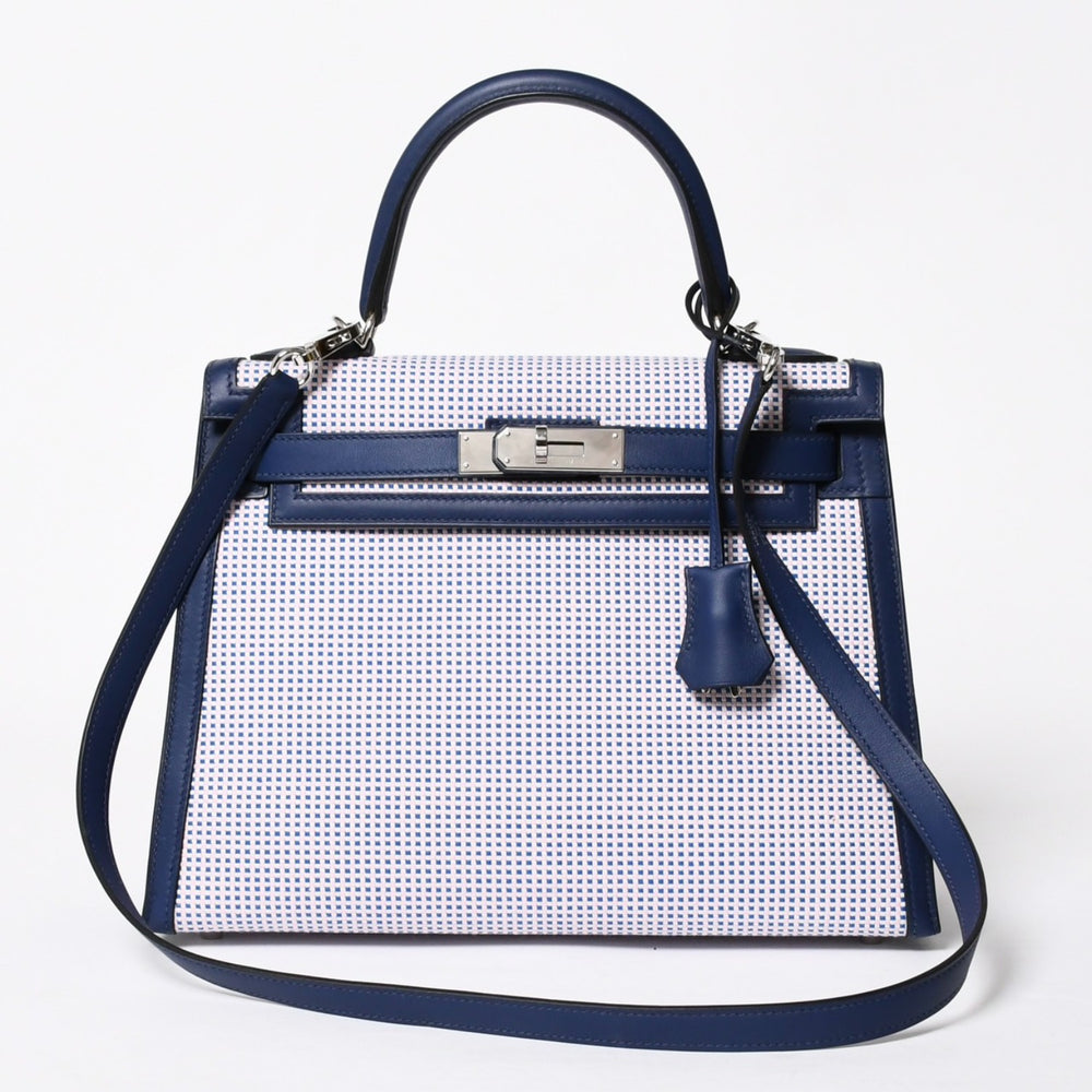 新品同様 HERMES エルメス ケリー28 トワルキャドリーユ スイフト ブルーサフィール エクリュ モーヴ 外縫い U刻印 中古 4a010179