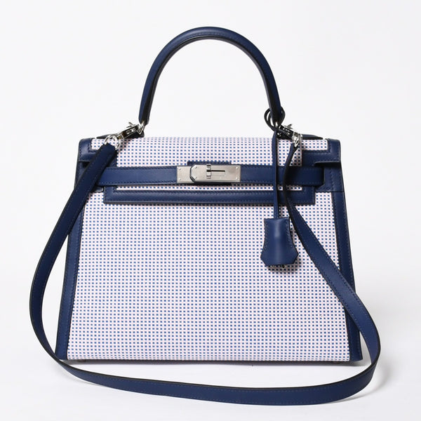 新品同様 HERMES エルメス ケリー28 トワルキャドリーユ スイフト ブルーサフィール エクリュ モーヴ 外縫い U刻印 中古 4a010179