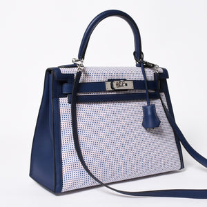 新品同様 HERMES エルメス ケリー28 トワルキャドリーユ スイフト ブルーサフィール エクリュ モーヴ 外縫い U刻印 中古 4a010179