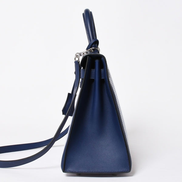 新品同様 HERMES エルメス ケリー28 トワルキャドリーユ スイフト ブルーサフィール エクリュ モーヴ 外縫い U刻印 中古 4a010179