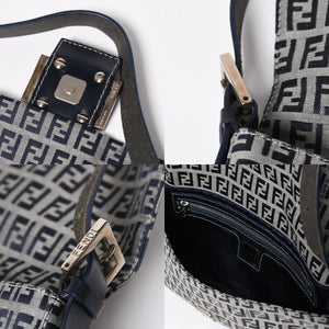 FENDI フェンディ ズッキーノ マンマバゲット 8BR000 ワンショルダーバッグ ネイビーキャンバス レザー シルバー金具 美品 中古 4a010196