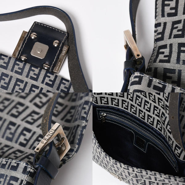 FENDI フェンディ ズッキーノ マンマバゲット 8BR000 ワンショルダーバッグ ネイビーキャンバス レザー シルバー金具 美品 中古 4a010196