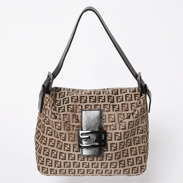 極美品 FENDI フェンディ ハンドバッグ 8BR004 マンマバケット ベージュ キャンバス レザー ズッキーノ柄 ガンメタル金具 中古 4a010201