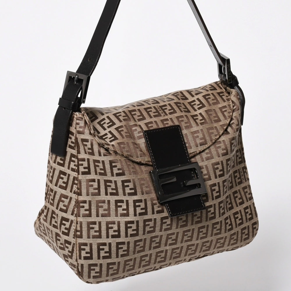 極美品 FENDI フェンディ ハンドバッグ 8BR004 マンマバケット ベージュ キャンバス レザー ズッキーノ柄 ガンメタル金具 中古 4a010201