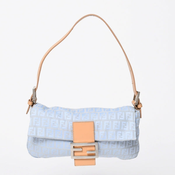 極美品 FENDI フェンディ ズッキーノ マンマバゲット 8BR000 ワンショルダーバッグ ブルー キャンバス レザー シルバー金具 中古 4a010195