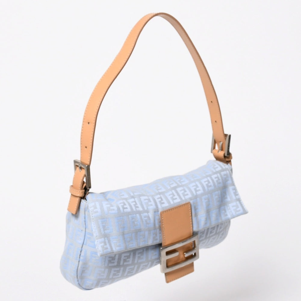 極美品 FENDI フェンディ ズッキーノ マンマバゲット 8BR000 ワンショルダーバッグ ブルー キャンバス レザー シルバー金具 中古 4a010195
