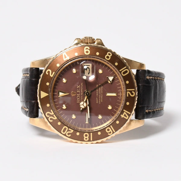 ROLEX ロレックス GMTマスター 腕時計 1675/8 重量約77.10g 18KYG AT ブラウン文字盤 レザー 美品 中古 4a010224