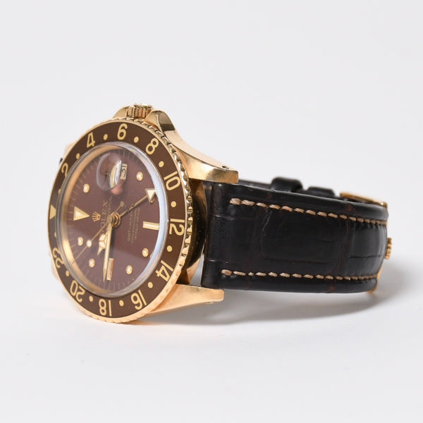 ROLEX ロレックス GMTマスター 腕時計 1675/8 重量約77.10g 18KYG AT ブラウン文字盤 レザー 美品 中古 4a010224