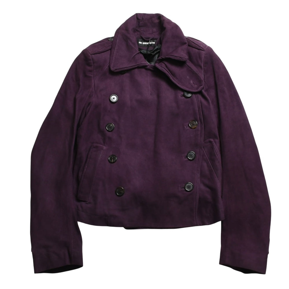 極美品 ANN DEMEULEMEESTER アンドゥムルメステール ダブルブレスト ショート ピーコート 082-1003-270-038 36サイズ パープル レザー 中古 4a009312
