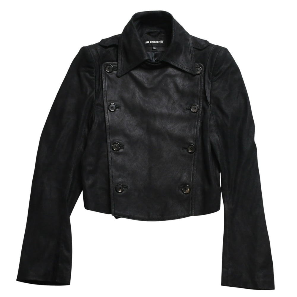 ANN DEMEULEMEESTER アンドゥムルメステール ナポレオンレザージャケット 36サイズ ブラック ダブルブレスト クロップド丈 美品 中古 4a009311