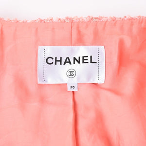 極美品 CHANEL シャネル 20P ココマークボタン ツイード ノーカラージャケット P63187 2020 ヴィアール期 コーラルピンク メンズ 50サイズ 中古 4b012759