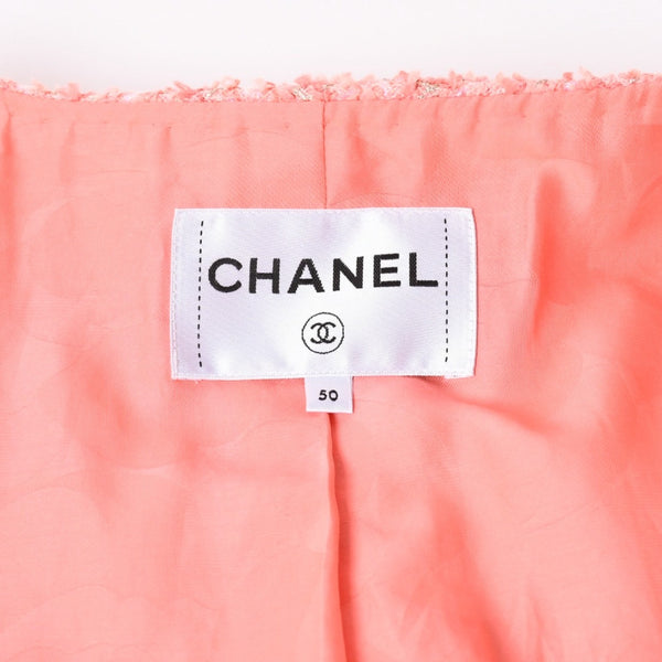 極美品 CHANEL シャネル 20P ココマークボタン ツイード ノーカラージャケット P63187 2020 ヴィアール期 コーラルピンク メンズ 50サイズ 中古 4b012759