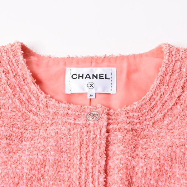 極美品 CHANEL シャネル 20P ココマークボタン ツイード ノーカラージャケット P63187 2020 ヴィアール期 コーラルピンク メンズ 50サイズ 中古 4b012759