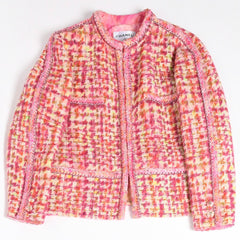 Very Good Condition CHANEL 20A Houndstooth Fancy No Collar Tweed Jacket P64621 Coco Mark Tie Dye Style Silk Bead Trimming Used 4b012755