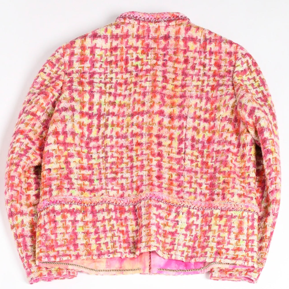極美品 CHANEL シャネル 20A ハウンドトゥース ファンシーノーカラーツイードジャケット P64621 ココマーク タイダイ風 シルク ビーズトリミング 中古 4b012755