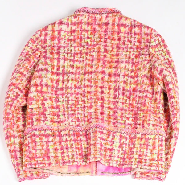 Very Good Condition CHANEL 20A Houndstooth Fancy No Collar Tweed Jacket P64621 Coco Mark Tie Dye Style Silk Bead Trimming Used 4b012755
