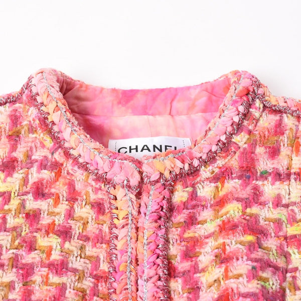 Very Good Condition CHANEL 20A Houndstooth Fancy No Collar Tweed Jacket P64621 Coco Mark Tie Dye Style Silk Bead Trimming Used 4b012755