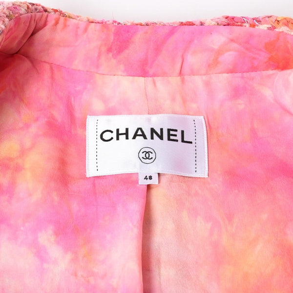 Very Good Condition CHANEL 20A Houndstooth Fancy No Collar Tweed Jacket P64621 Coco Mark Tie Dye Style Silk Bead Trimming Used 4b012755