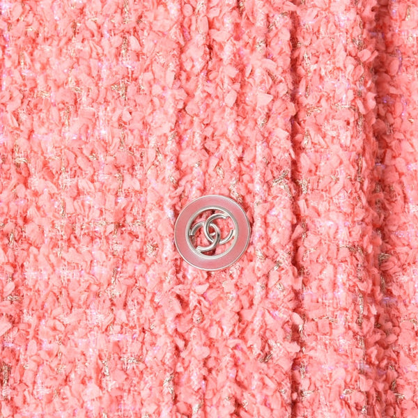 極美品 CHANEL シャネル 20P ココマークボタン ツイード ノーカラージャケット P63187 2020 ヴィアール期 コーラルピンク メンズ 50サイズ 中古 4b012759