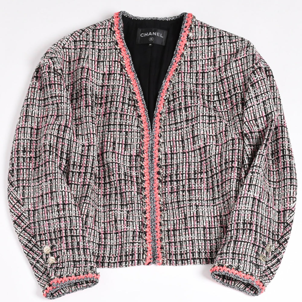 極美品 CHANEL シャネル ファンシーツイード ノーカラージャケット P70540 ココマーク ウェビングトリム ホワイト ブラック ピンク メンズ 中古 4b012741