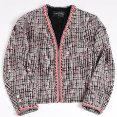 極美品 CHANEL シャネル ファンシーツイード ノーカラージャケット P70540 ココマーク ウェビングトリム ホワイト ブラック ピンク メンズ 中古 4b012741