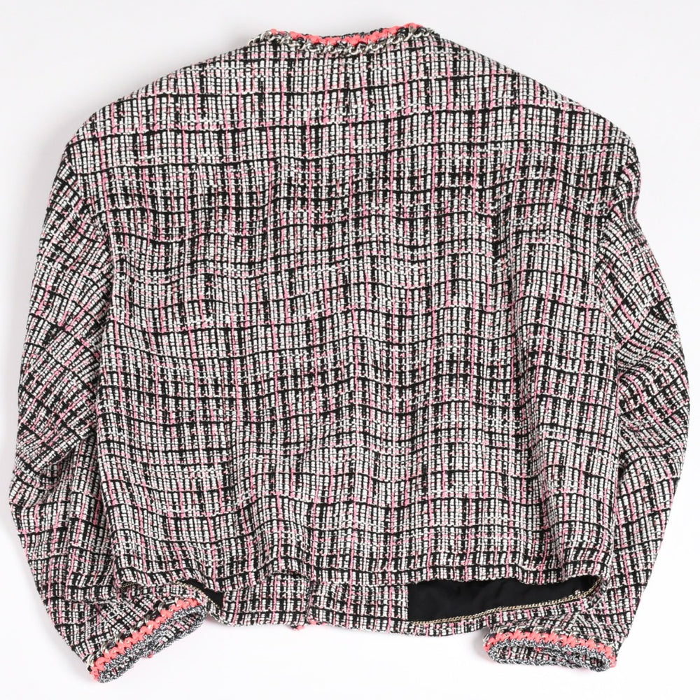 極美品 CHANEL シャネル ファンシーツイード ノーカラージャケット P70540 ココマーク ウェビングトリム ホワイト ブラック ピンク メンズ 中古 4b012741