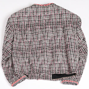 極美品 CHANEL シャネル ファンシーツイード ノーカラージャケット P70540 ココマーク ウェビングトリム ホワイト ブラック ピンク メンズ 中古 4b012741