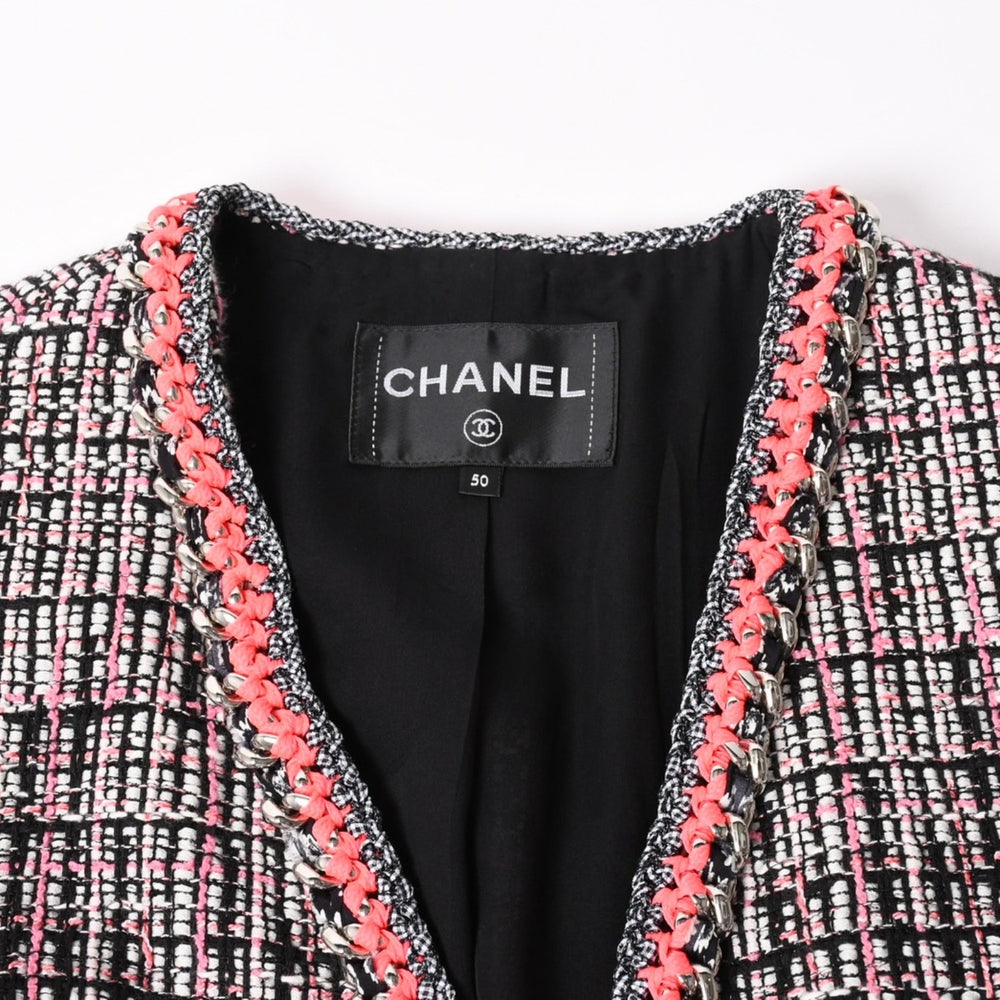 極美品 CHANEL シャネル ファンシーツイード ノーカラージャケット P70540 ココマーク ウェビングトリム ホワイト ブラック ピンク メンズ 中古 4b012741