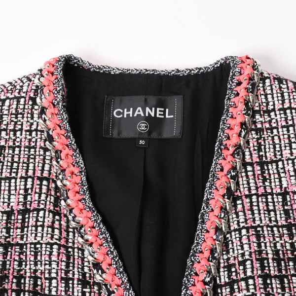 極美品 CHANEL シャネル ファンシーツイード ノーカラージャケット P70540 ココマーク ウェビングトリム ホワイト ブラック ピンク メンズ 中古 4b012741