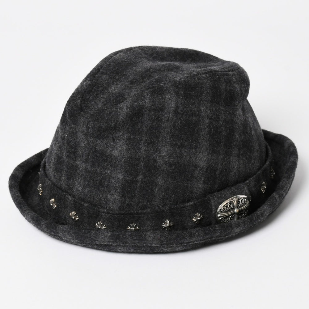 CHROME HEARTS クロムハーツ オーバルクロス CHスタッド クロス ストローハット ウール グレー ブラック 帽子 サイズM 美品 中古 4b013109