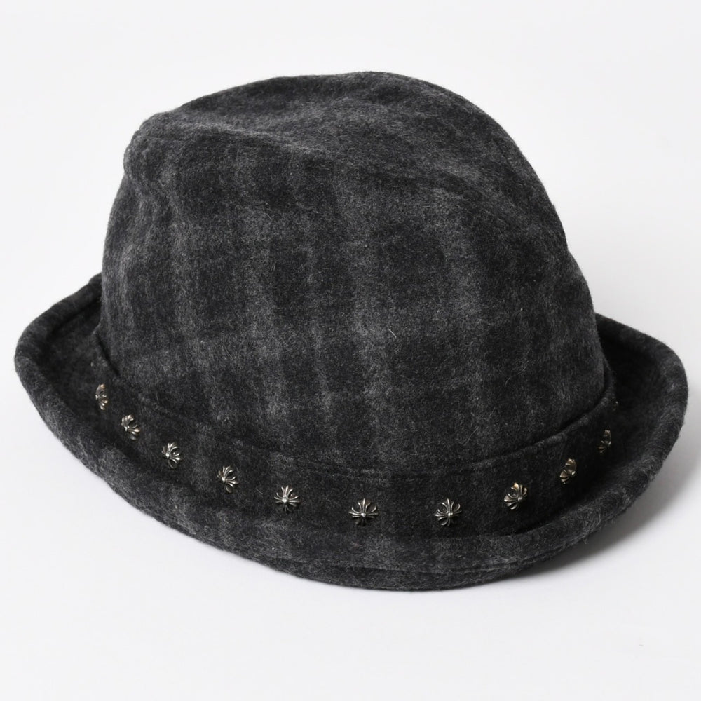 CHROME HEARTS クロムハーツ オーバルクロス CHスタッド クロス ストローハット ウール グレー ブラック 帽子 サイズM 美品 中古 4b013109
