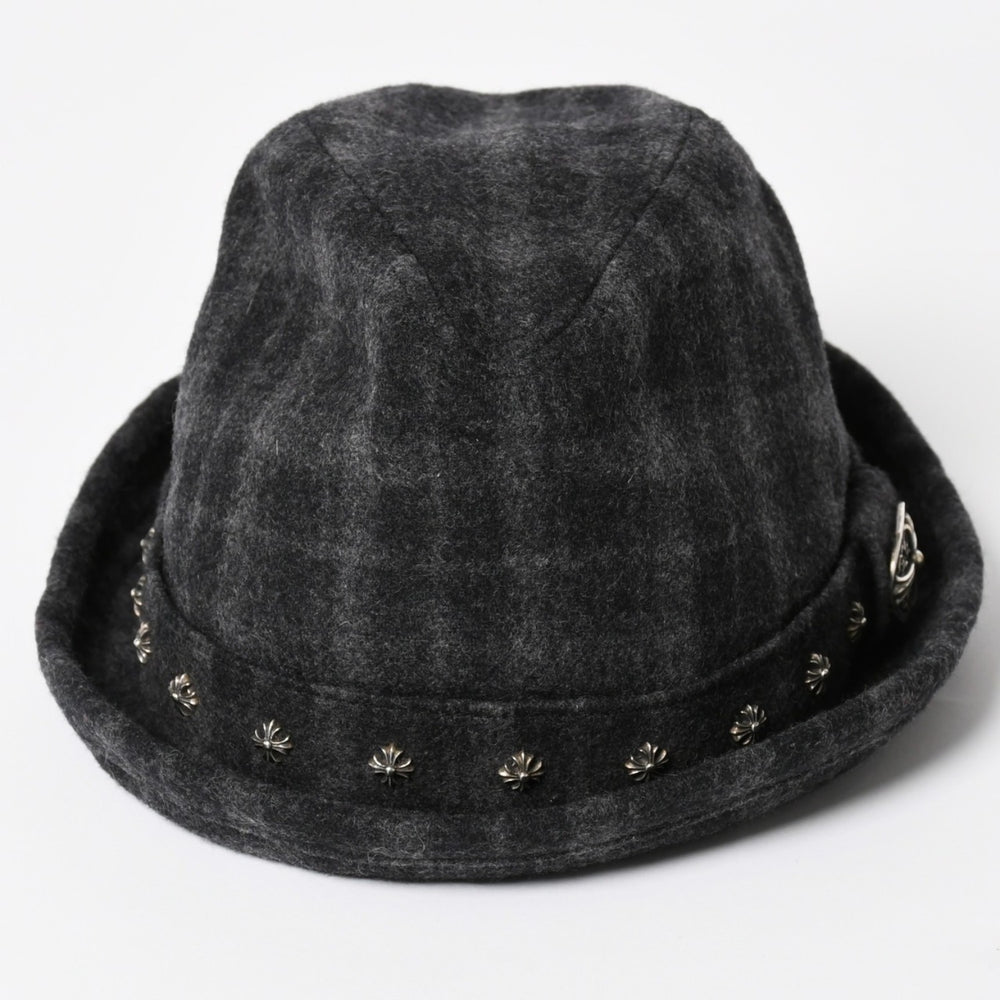 CHROME HEARTS クロムハーツ オーバルクロス CHスタッド クロス ストローハット ウール グレー ブラック 帽子 サイズM 美品 中古 4b013109