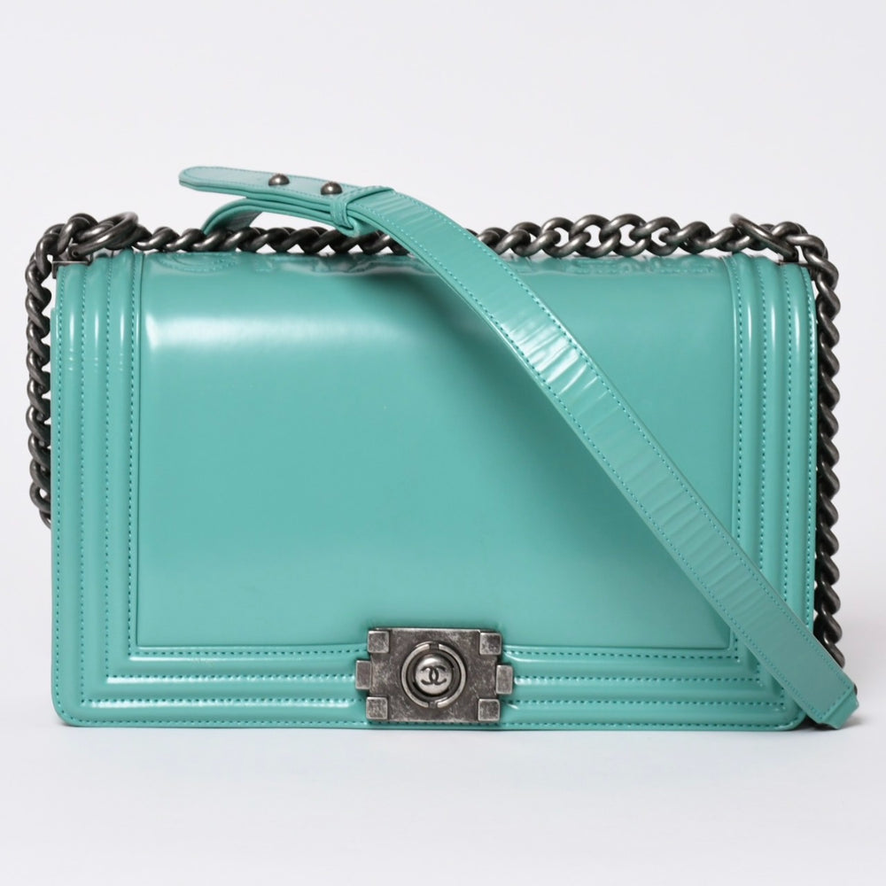 CHANEL Boy Chanel Large Chain Shoulder Bag No. 21 Coco Mark Calfskin Turquoise Good Condition Used 4a001979