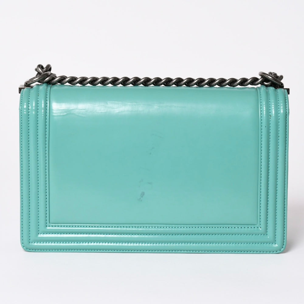 CHANEL Boy Chanel Large Chain Shoulder Bag No. 21 Coco Mark Calfskin Turquoise Good Condition Used 4a001979