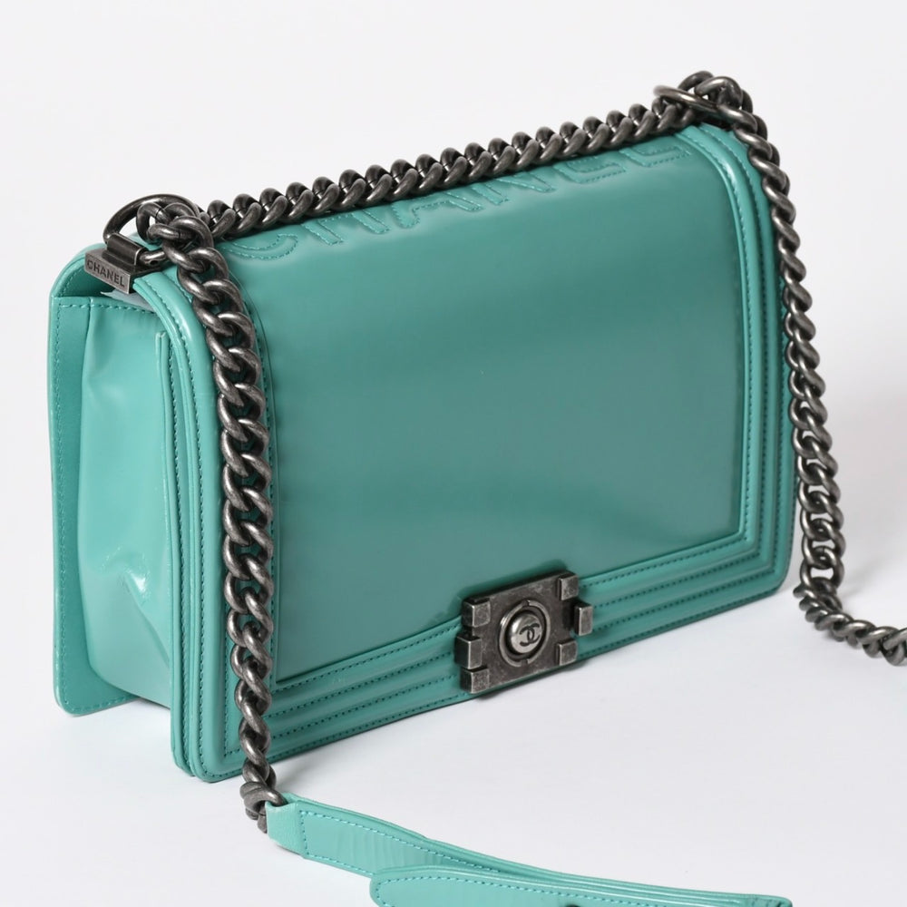 CHANEL Boy Chanel Large Chain Shoulder Bag No. 21 Coco Mark Calfskin Turquoise Good Condition Used 4a001979