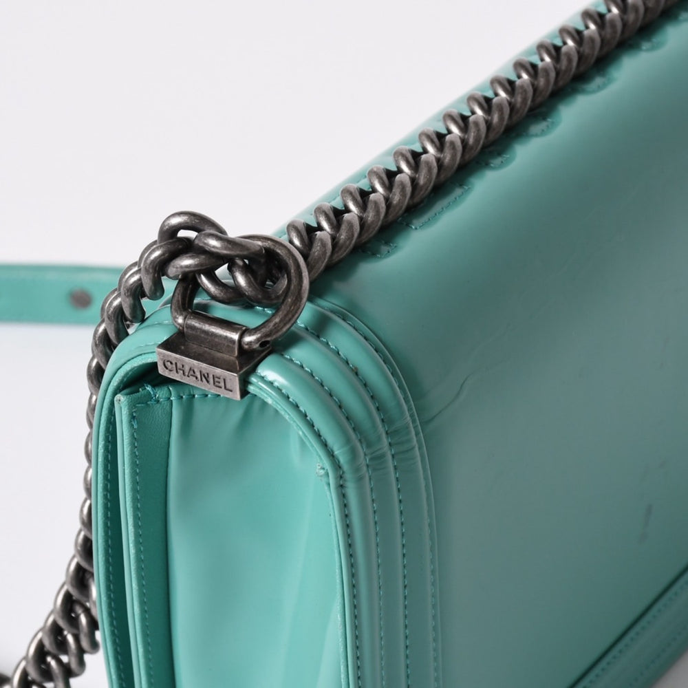 CHANEL Boy Chanel Large Chain Shoulder Bag No. 21 Coco Mark Calfskin Turquoise Good Condition Used 4a001979