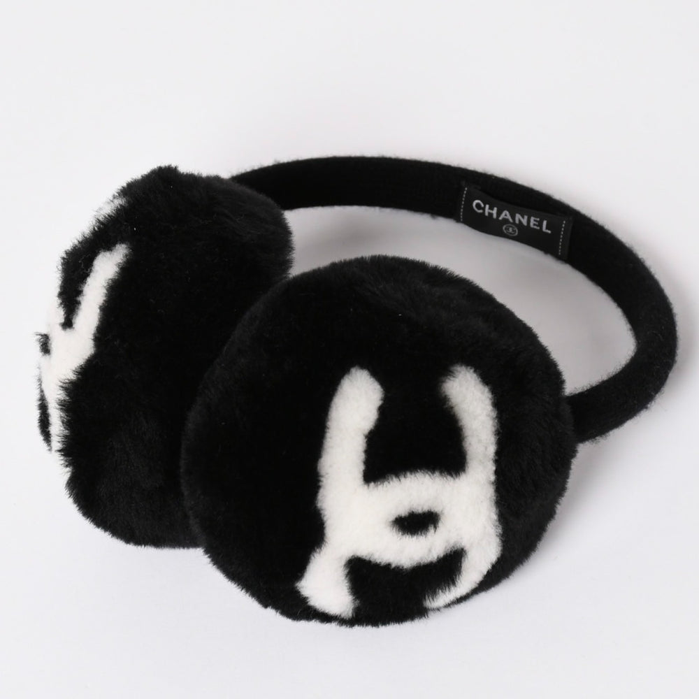 極美品 CHANEL シャネル COCO NEIGE ココ ネージュ イヤーマフ ココマーク シアリング ブラック ホワイト 中古 4b013341