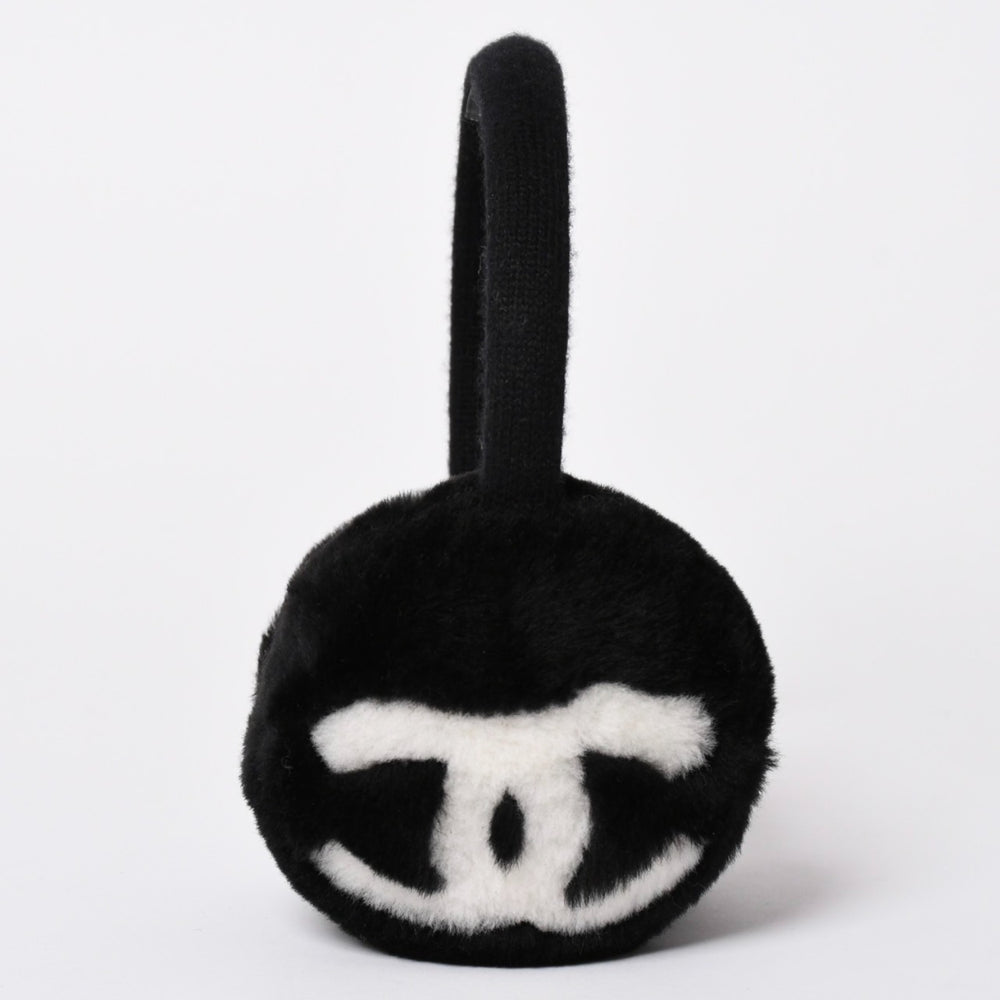 Very Good Condition CHANEL COCO NEIGE Coco Neige Earmuffs Coco Mark Shearling Black White Used 4b013341