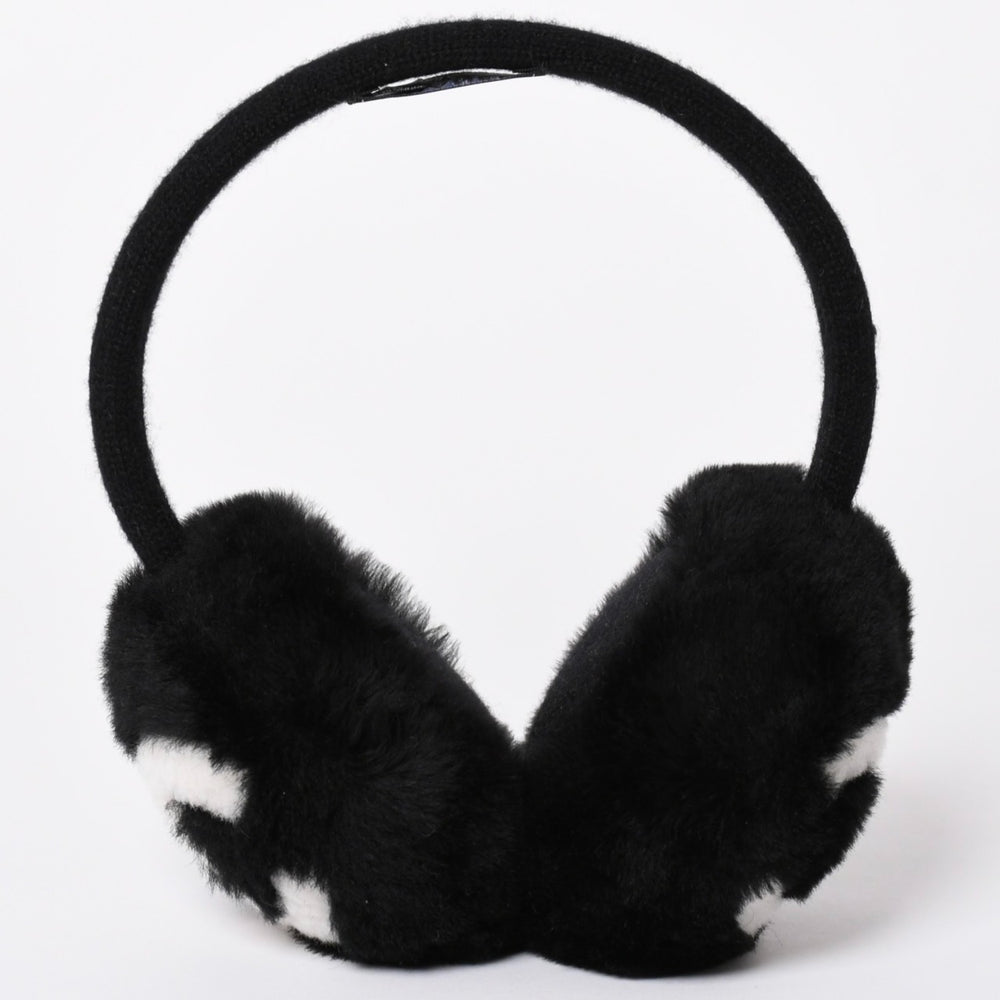 Very Good Condition CHANEL COCO NEIGE Coco Neige Earmuffs Coco Mark Shearling Black White Used 4b013341