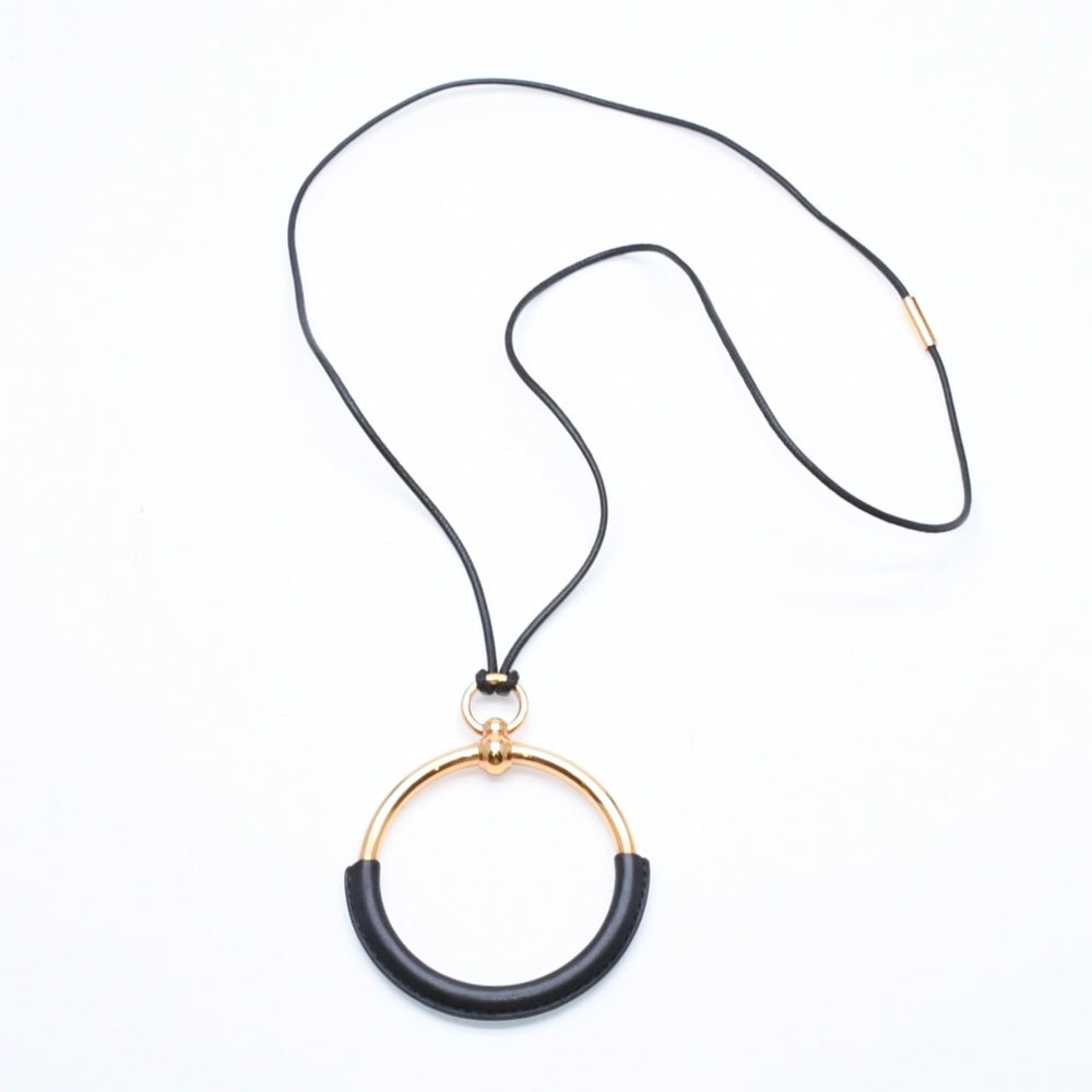 極美品 HERMES エルメス ループグラン ネックレス アクセサリー GP レザー ブラック ゴールド金具 中古 4a006657