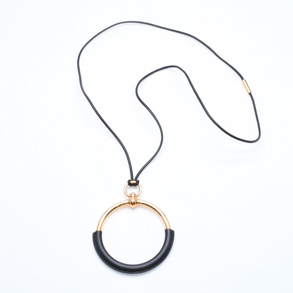 極美品 HERMES エルメス ループグラン ネックレス アクセサリー GP レザー ブラック ゴールド金具 中古 4a006657