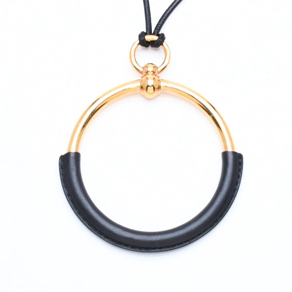 極美品 HERMES エルメス ループグラン ネックレス アクセサリー GP レザー ブラック ゴールド金具 中古 4a006657