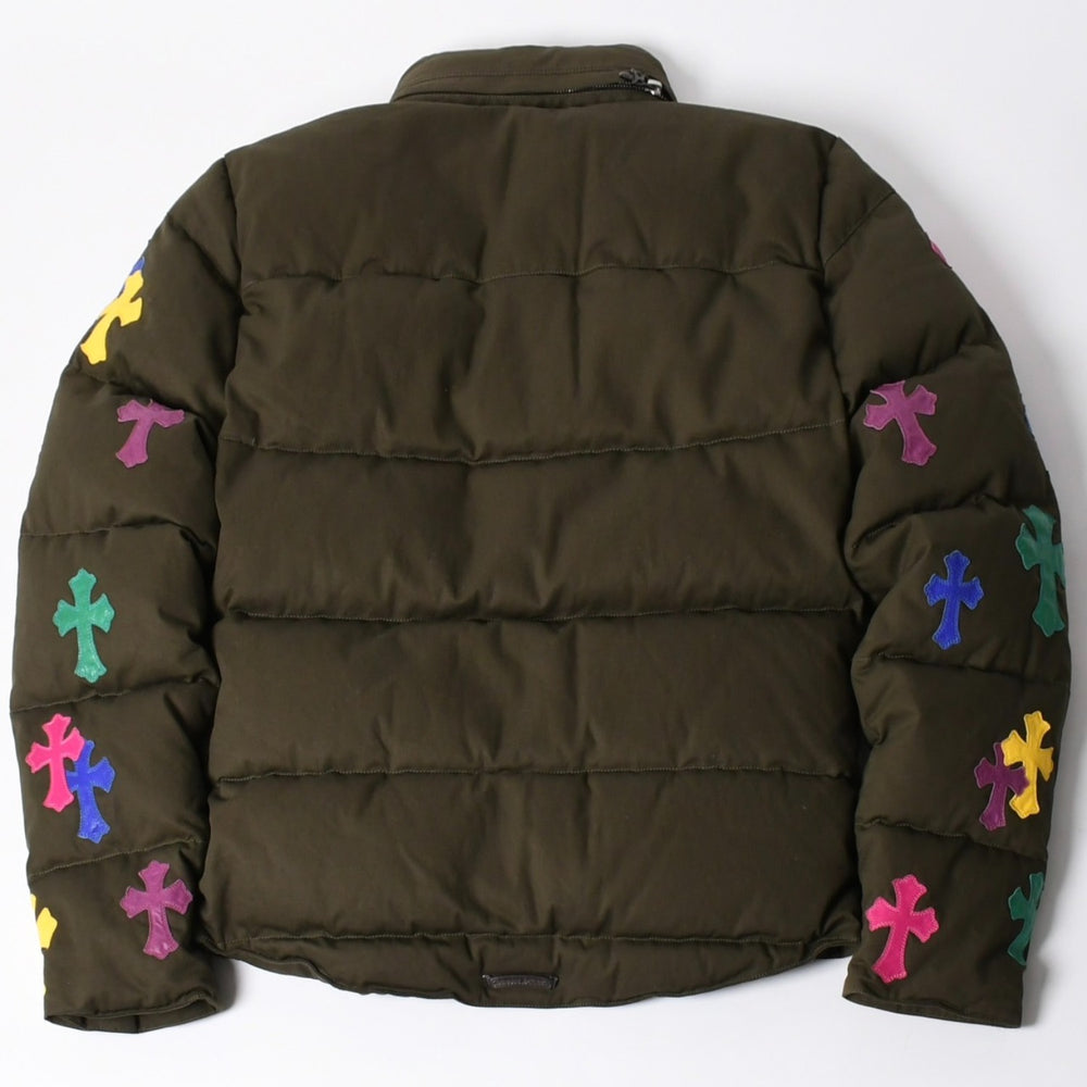 新品未使用 CHROME HEARTS クロムハーツ ダウンジャケット マルチカラークロスパッチ ダガージップ クロスボールボタン カーキ サイズM 中古 4c070379
